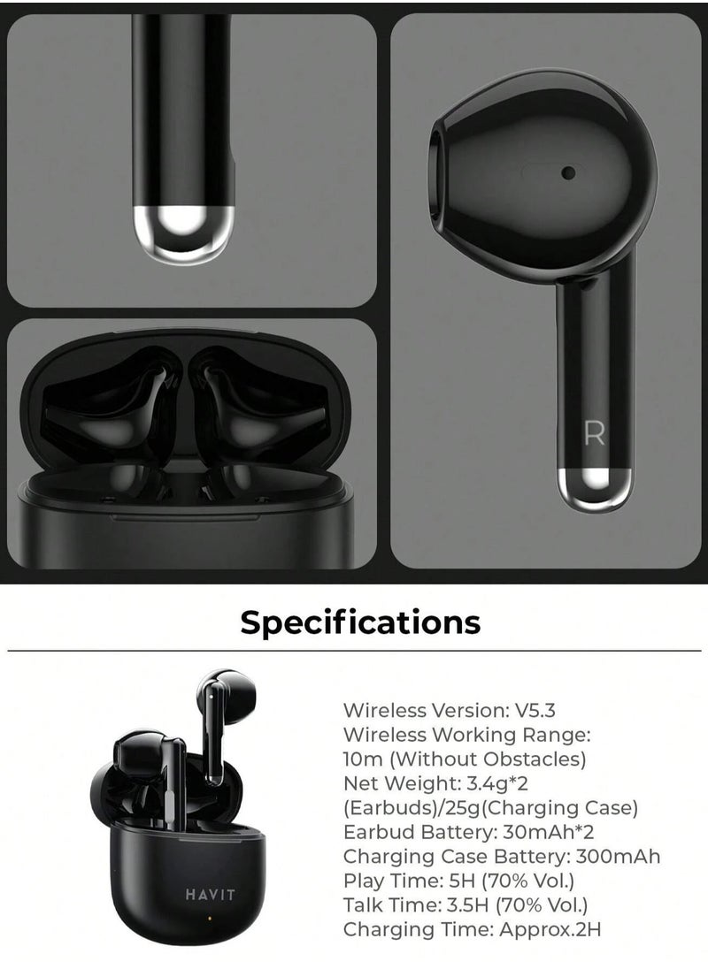havit - True Wireless Earbuds with Stereo Sound, TWS Smart Touch Control, 25 Hours Playtime (Including Charging Case), Lightweight & Comfortable Design, Type-C Charging Port, Compatible with iOS, Android, PC, for Music, Calls, and Gaming - High-Quality Bluetooth Earbuds (Black) - Image 1
