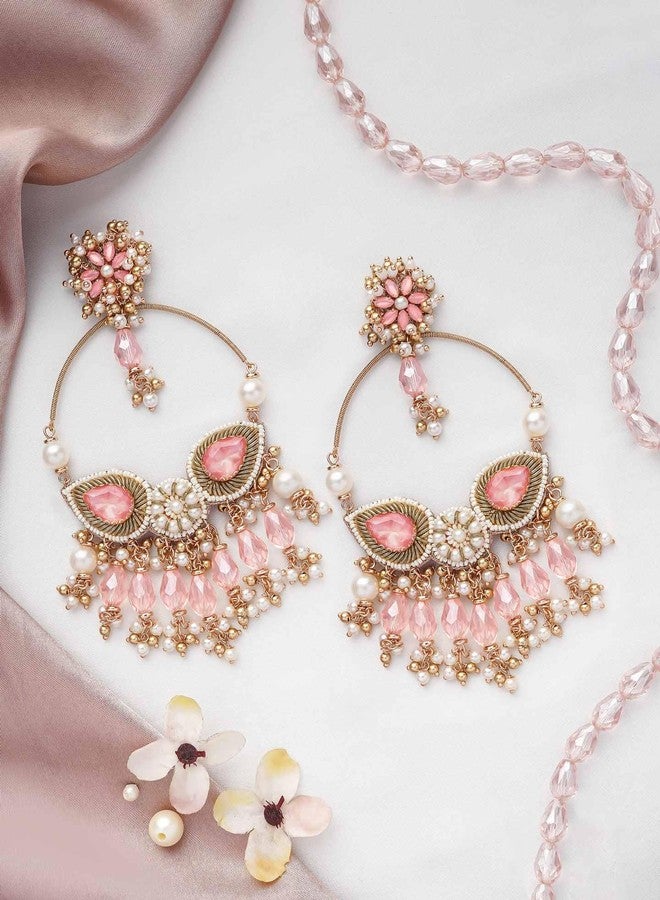 SANJOYA by EVERSTYLISH Embroidered Earrings for Women | Hoop Earrings with Stones, Beads, Pearls & Glass Drops | Lightweight Ethnic & Festive Jewelry for Weddings & Parties - Image 3