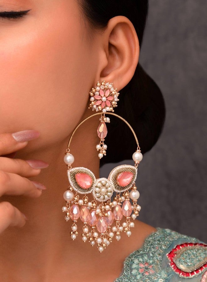 SANJOYA by EVERSTYLISH Embroidered Earrings for Women | Hoop Earrings with Stones, Beads, Pearls & Glass Drops | Lightweight Ethnic & Festive Jewelry for Weddings & Parties - Image 2