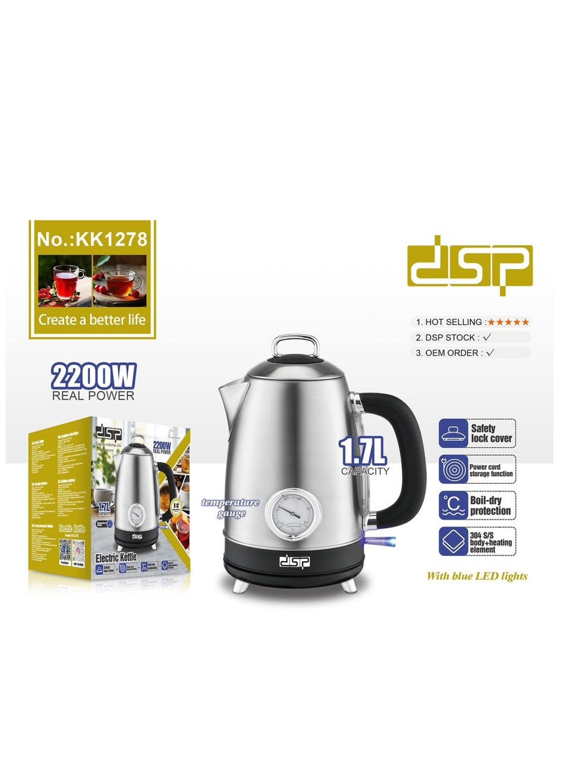 DSP 1.7L Cordless Electric Kettle with Temperature Guage Stainless Steel, KK1278 - Image 4
