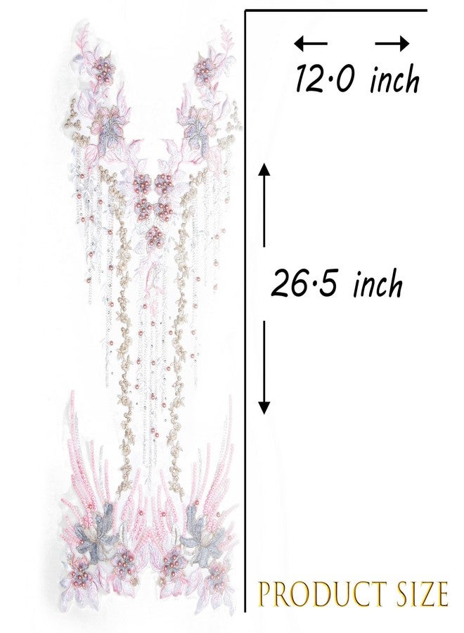 FixrWre Beaded Pearl Flower Fabric Lace Applique, Floral Embroidered Patches Handmade Sewing Tool for DIY Neckline Bodice Wedding Bridal Prom Dress(Pink-Large) - Image 3