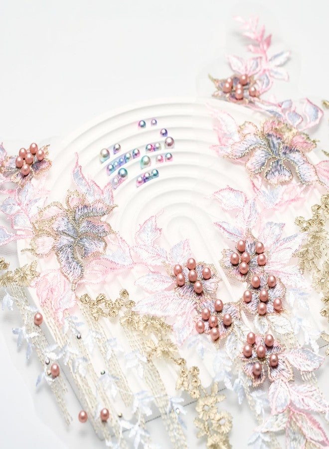 FixrWre Beaded Pearl Flower Fabric Lace Applique, Floral Embroidered Patches Handmade Sewing Tool for DIY Neckline Bodice Wedding Bridal Prom Dress(Pink-Large) - Image 2