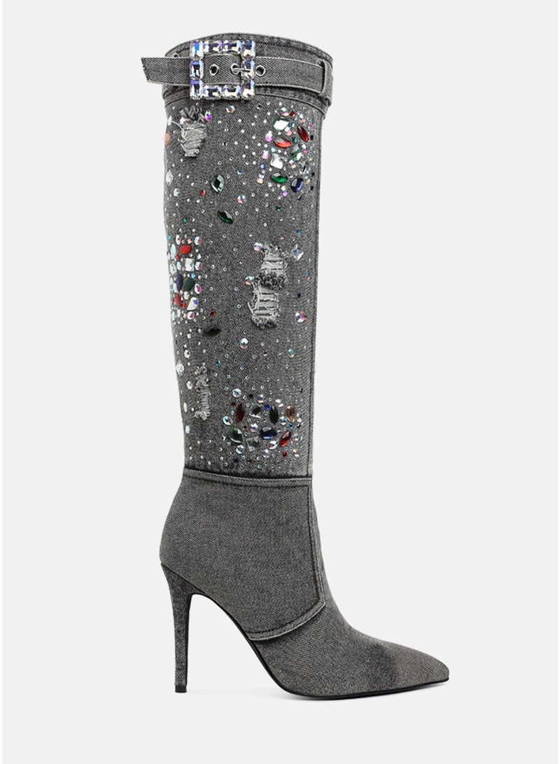 London Rag Multi Color Stones Denim Boots in Black - Image 1