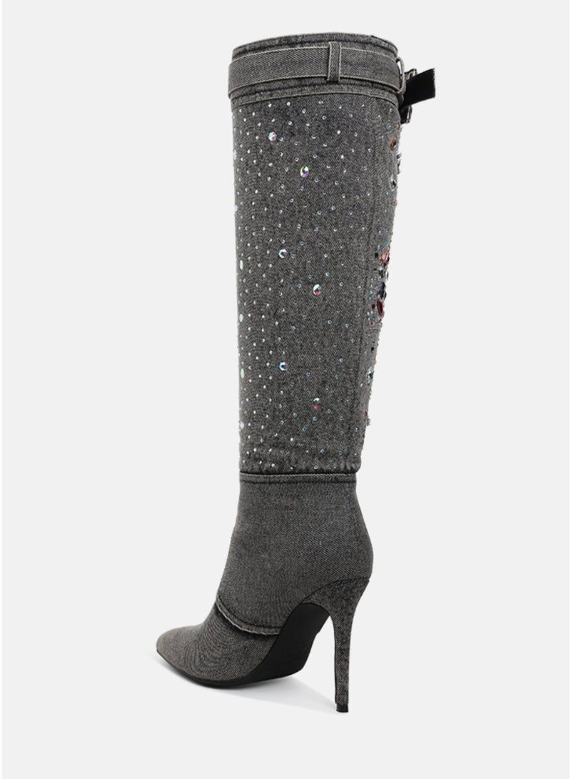 London Rag Multi Color Stones Denim Boots in Black - Image 3