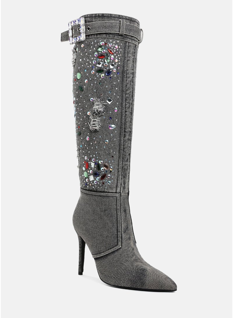 London Rag Multi Color Stones Denim Boots in Black - Image 2