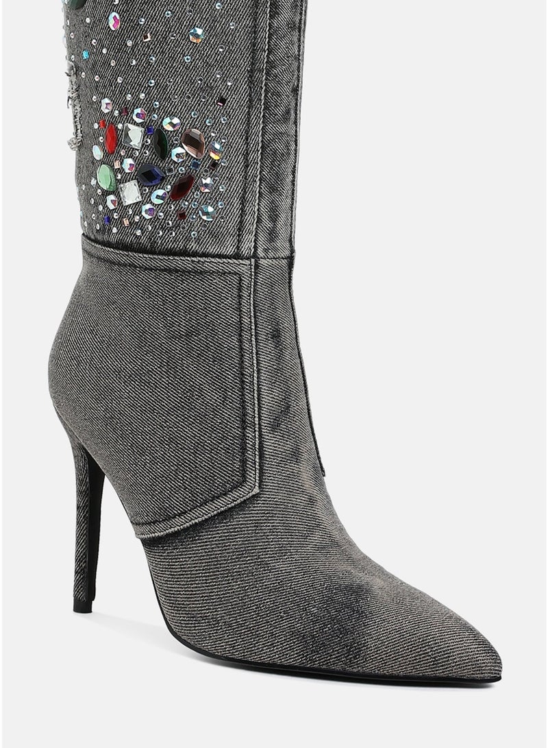 London Rag Multi Color Stones Denim Boots in Black - Image 4