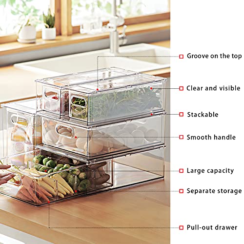 MANO Fridge Drawer Pull Out Stackable Bins with Handle Clear Refrigerator Drawers Organizer Food Storage Container Box Plastic Produce Saver for Pantry, Cabinet, Kitchen, Clothes（4Pack） - Image 4