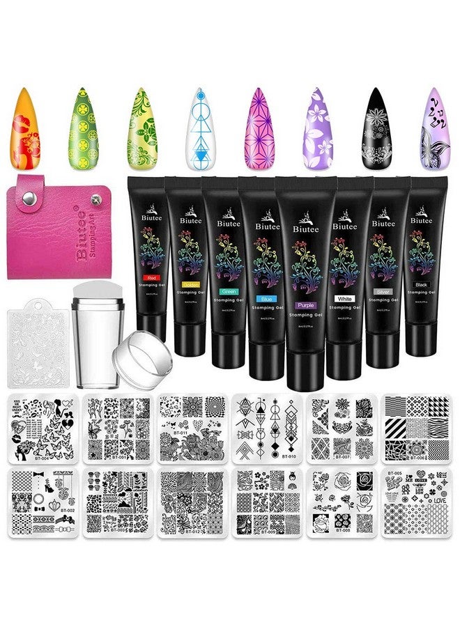 بيوتي مجموعة لوحات ختم الأظافر 12 قطعة قوالب 8 ألوان طلاء الأظافر جل ختم الأظافر مكشطة حقيبة تخزين مجموعة لوحات فنية للأظافر تصميم زهرة الحيوان - Image 1