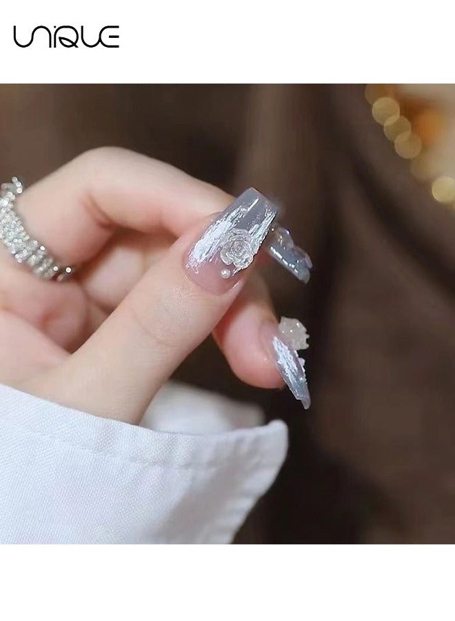 Unique 24Pcs Fake Nails, Press Nails, Mid-length Ballet Manicure - Gradient Ice Blue Grey Diamond Manicure - Sea Salt Blue Camellia Manicure - Fake Nail Patch - Image 4