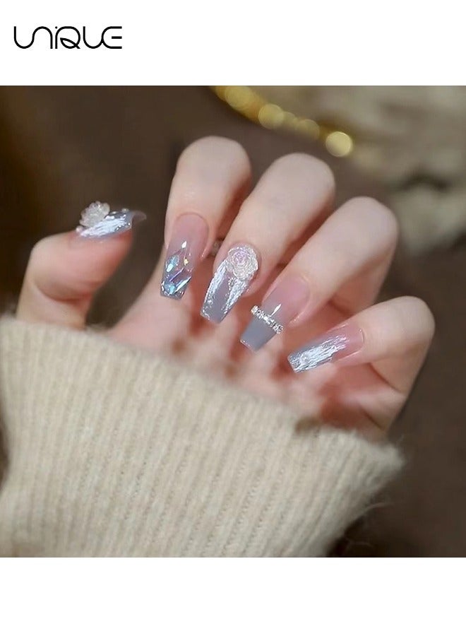 Unique 24Pcs Fake Nails, Press Nails, Mid-length Ballet Manicure - Gradient Ice Blue Grey Diamond Manicure - Sea Salt Blue Camellia Manicure - Fake Nail Patch - Image 5