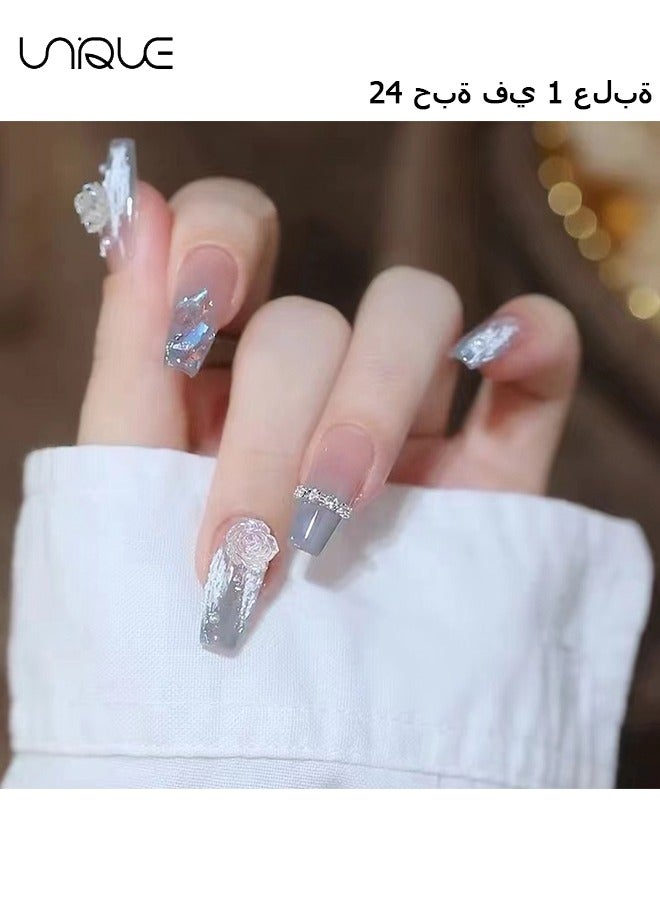 Unique 24Pcs Fake Nails, Press Nails, Mid-length Ballet Manicure - Gradient Ice Blue Grey Diamond Manicure - Sea Salt Blue Camellia Manicure - Fake Nail Patch - Image 1