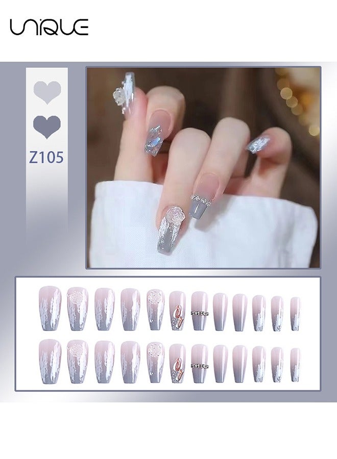 Unique 24Pcs Fake Nails, Press Nails, Mid-length Ballet Manicure - Gradient Ice Blue Grey Diamond Manicure - Sea Salt Blue Camellia Manicure - Fake Nail Patch - Image 2