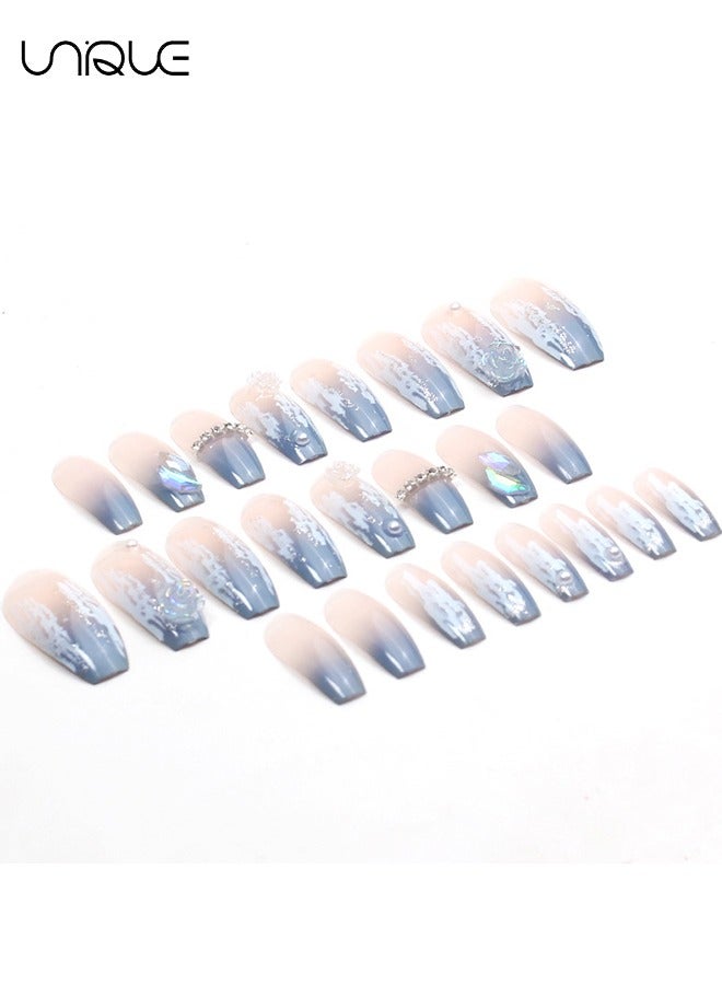 Unique 24Pcs Fake Nails, Press Nails, Mid-length Ballet Manicure - Gradient Ice Blue Grey Diamond Manicure - Sea Salt Blue Camellia Manicure - Fake Nail Patch - Image 3