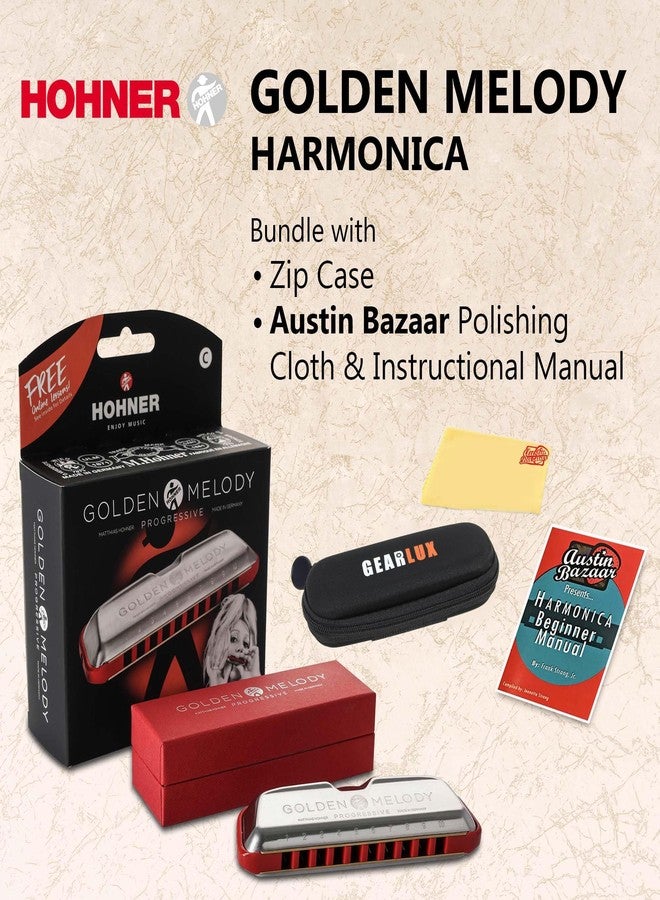 Hohner Golden Melody Harmonica - Key of C Bundle with Zip Case, Instructional Manual, and Austin Bazaar Polishing Cloth - Image 2
