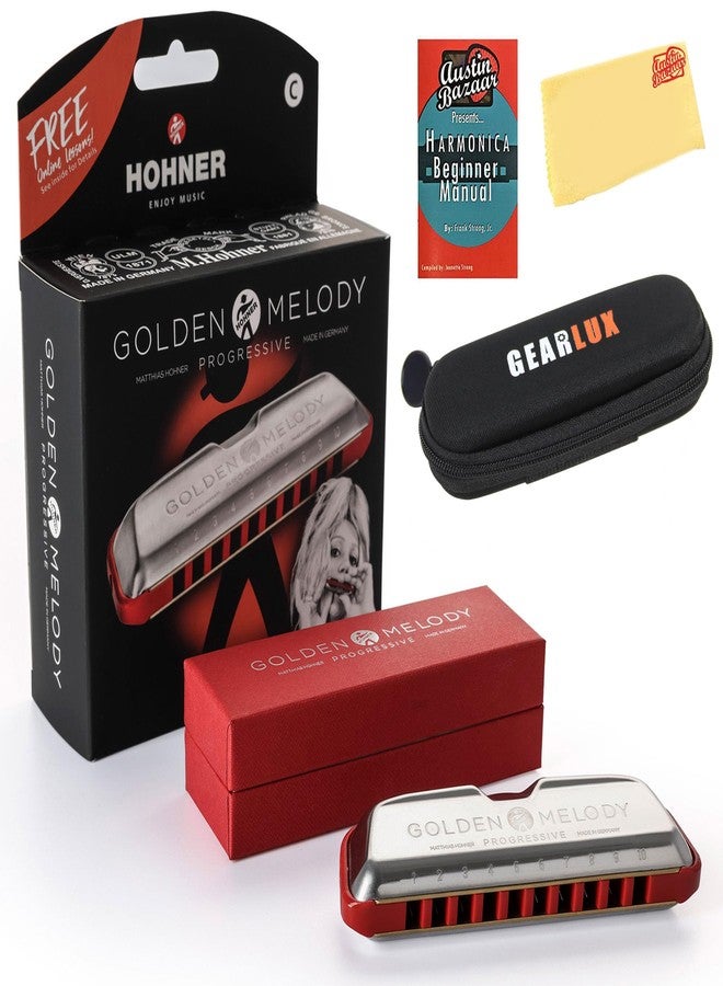 Hohner Golden Melody Harmonica - Key of C Bundle with Zip Case, Instructional Manual, and Austin Bazaar Polishing Cloth - Image 1