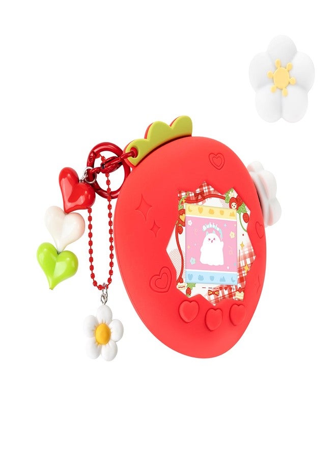 BUBBLELOGUS Strawberry Bubble Protective Case for Tamagotchi Paradise, Soft TPU Silicone Cover with Faceplate, Flower Shaped Zoom Dial Cap & Charms Set, Anti-Scratch & Waterproof (Red) - Image 1