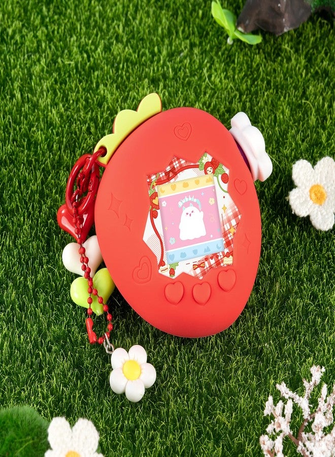 BUBBLELOGUS Strawberry Bubble Protective Case for Tamagotchi Paradise, Soft TPU Silicone Cover with Faceplate, Flower Shaped Zoom Dial Cap & Charms Set, Anti-Scratch & Waterproof (Red) - Image 5