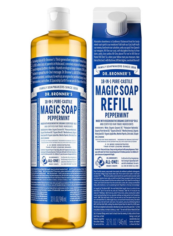 Dr. Bronner's زجاجة صابون سائل ماجيك النقي من د. برونر وعلبة إعادة تعبئة - مصنوعة من زيوت عضوية معتمدة متجددة - 18 في 1 للاستخدامات للوجه، غسول الجسم، إعادة تعبئة صابون اليد - نعناع، 32 أونصة - Image 1