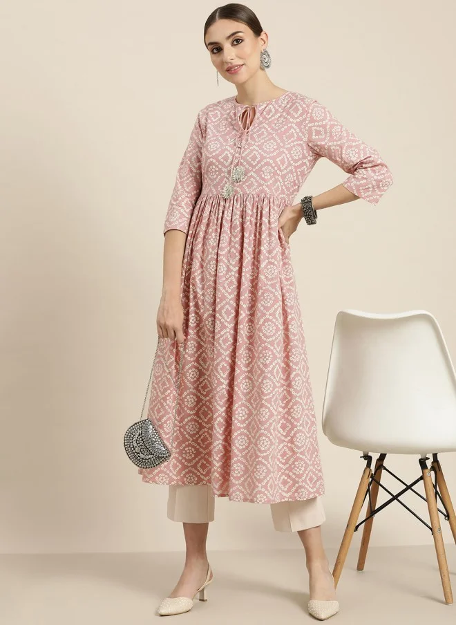 SASSAFRAS Mauve & White Bandhani Printed Anarkali Kurta for Women
