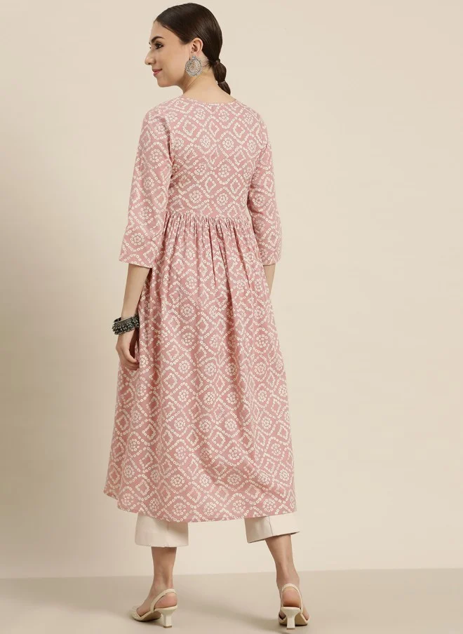 SASSAFRAS Mauve & White Bandhani Printed Anarkali Kurta for Women