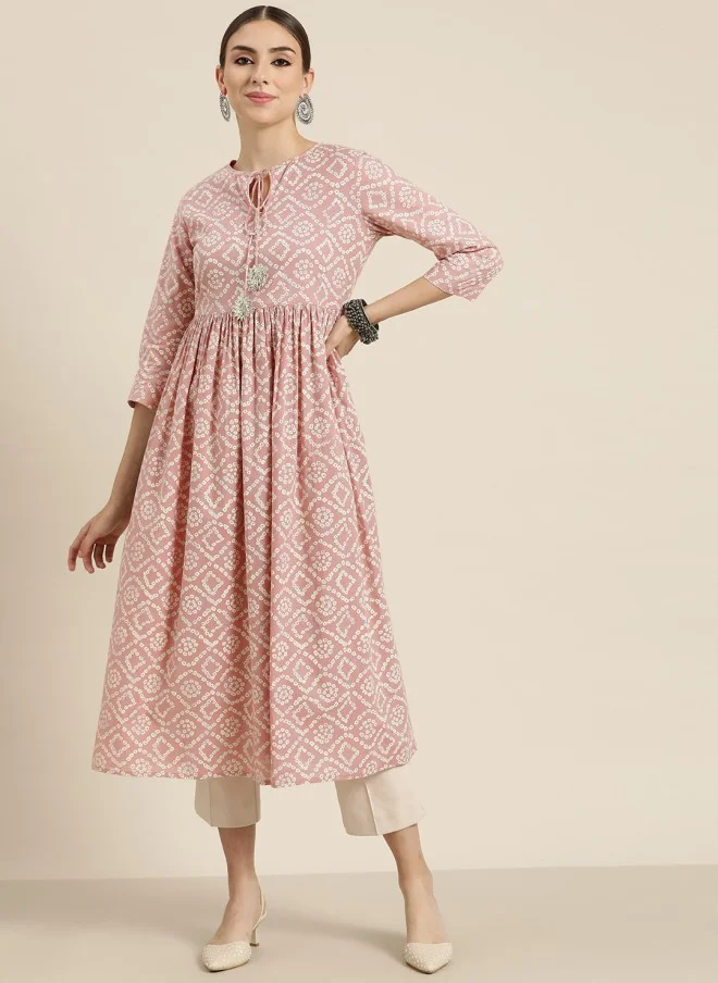 SASSAFRAS Mauve & White Bandhani Printed Anarkali Kurta for Women