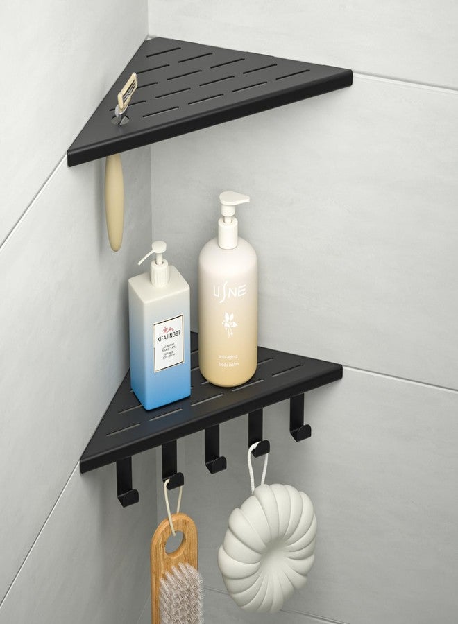 Bernkot 10‘’ Corner Shower Shelf, 304 Stainless Steel Shelves for Bathroom, Grout in Shelf with Hooks for Tiled Wall (Matte Black) - Image 1