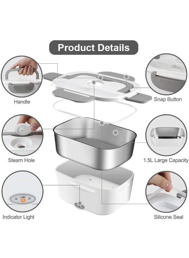 فلوشرينيك صندوق غداء كهربائي، جهاز تسخين طعام محمول 3 في 1، صندوق غداء مزدوج الاستخدام للسيارة والمنزل، تصميم مانع للتسرب، وظيفة تسخين بالميكروويف، مزود بحاوية قابلة للإزالة من الفولاذ المقاوم للصدأ 304، سعة 1.5 لتر، متوافق مع جهد 110 فولت/12 فولت/24 فولت، مناسب للاستخدام في المكتب والسيارة (رمادي فاتح) - Image 4