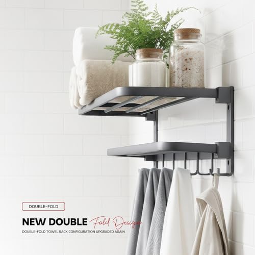 MIORAH Premium Aluminum Folding Towel Rack in Bathroom, Towel Rod for Bathroom with Hooks and Hangers, Towel Holder in Bathroom, 24 Inches Grey - Image 3