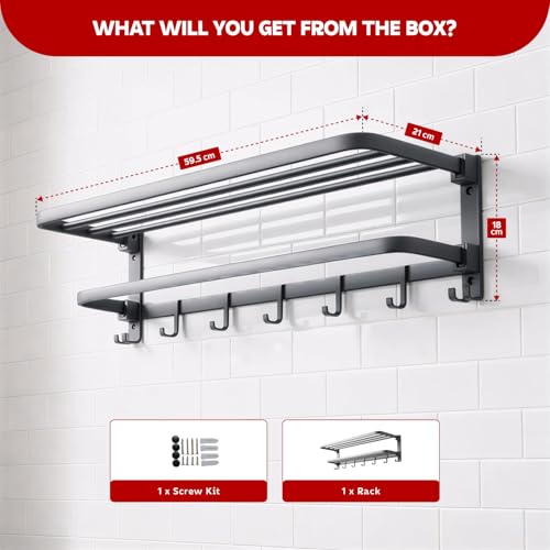 MIORAH Premium Aluminum Folding Towel Rack in Bathroom, Towel Rod for Bathroom with Hooks and Hangers, Towel Holder in Bathroom, 24 Inches Grey - Image 2