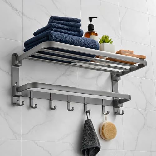 MIORAH Premium Aluminum Folding Towel Rack in Bathroom, Towel Rod for Bathroom with Hooks and Hangers, Towel Holder in Bathroom, 24 Inches Grey - Image 1