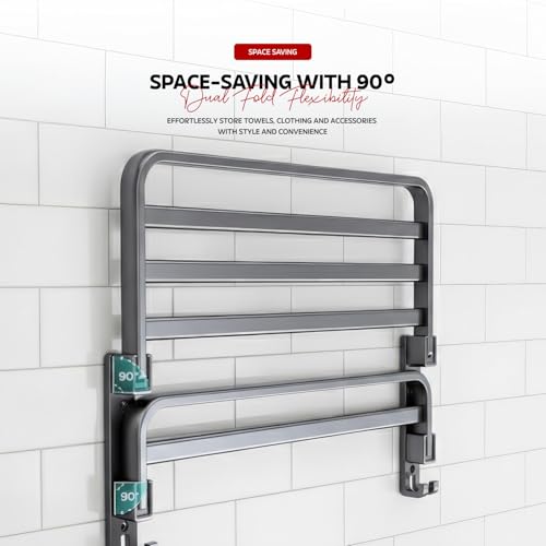 MIORAH Premium Aluminum Folding Towel Rack in Bathroom, Towel Rod for Bathroom with Hooks and Hangers, Towel Holder in Bathroom, 24 Inches Grey - Image 5