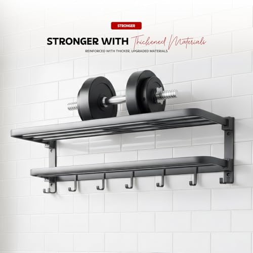 MIORAH Premium Aluminum Folding Towel Rack in Bathroom, Towel Rod for Bathroom with Hooks and Hangers, Towel Holder in Bathroom, 24 Inches Grey - Image 4