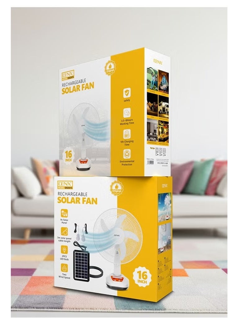 Denx 5-blade solar-powered electric table fan with 2 speeds, 16-inch electric desk fan DX2615 - Image 1