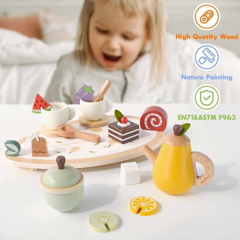 PairPear مجموعة حفلة الشاي الخشبية من ، طقم شاي للأطفال الصغار للفتيات الصغيرات، إكسسوارات مطبخ للعب التخيلي للأطفال، هدية ألعاب طعام خشبية للأطفال من سن 3 سنوات فما فوق. - Image 4