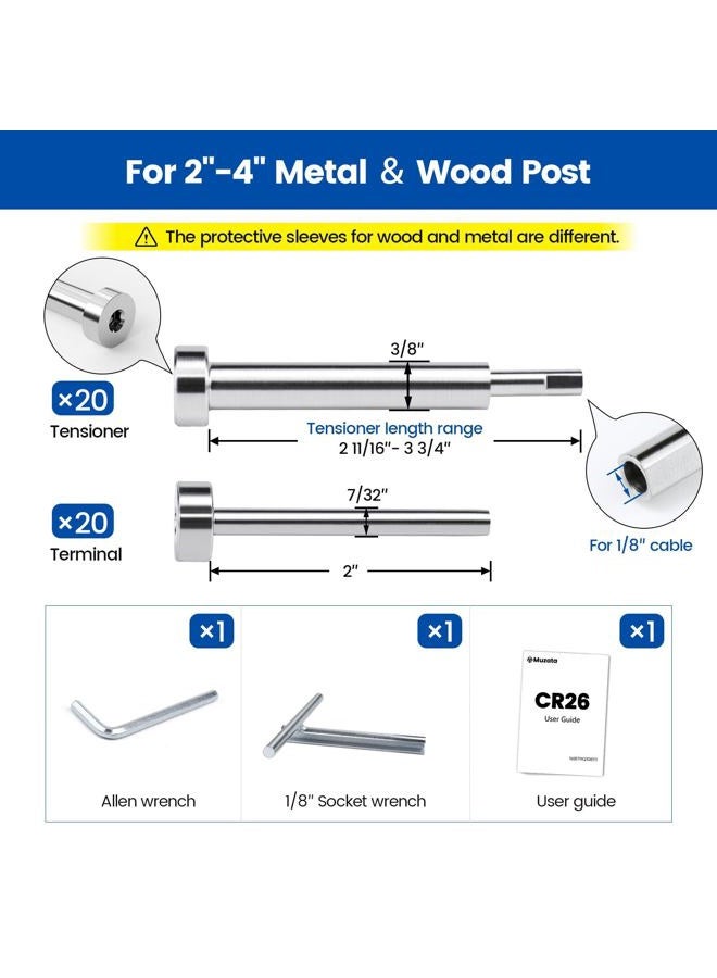 Muzata Cable Railing kit completely Invisible 1/8" 20 Pairs upgraded patent Turnbuckle Swage Threaded Stud Fitting Receiver Terminal hidden for 3”-6” Wood & Metal Post CR26, CA3 CV1 - Image 2