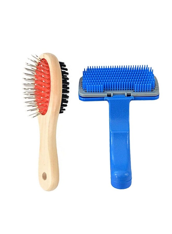 إيميلي بيتس مجموعة العناية بالكلاب - فرشاة بلاستيكية ناعمة للكلاب مع مفتاح ضغط للجراء والكلاب وفرشاة تنظيف الحيوانات الأليفة ذات الشعيرات ذات الوجهين للكلاب والجراء والقطط والأرانب (عبوة من قطعتين، متعدد الألوان) - Image 1