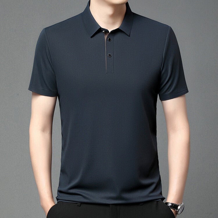 Men's Ice Silk Short-sleeved Lapel T-shirt Loose Business Casual Polo Shirt Summer Sweatshirt Top T-shirt Solid Color