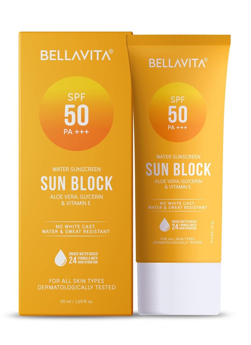 BELLAVITA Water based Hydrating Sunscreen SPF 50 Lightweight Photostable PA For All Skin Types No White Cast Non Greasy Finish UV Protection Broad Spectrum For Men and Women 50ML  - Image 1