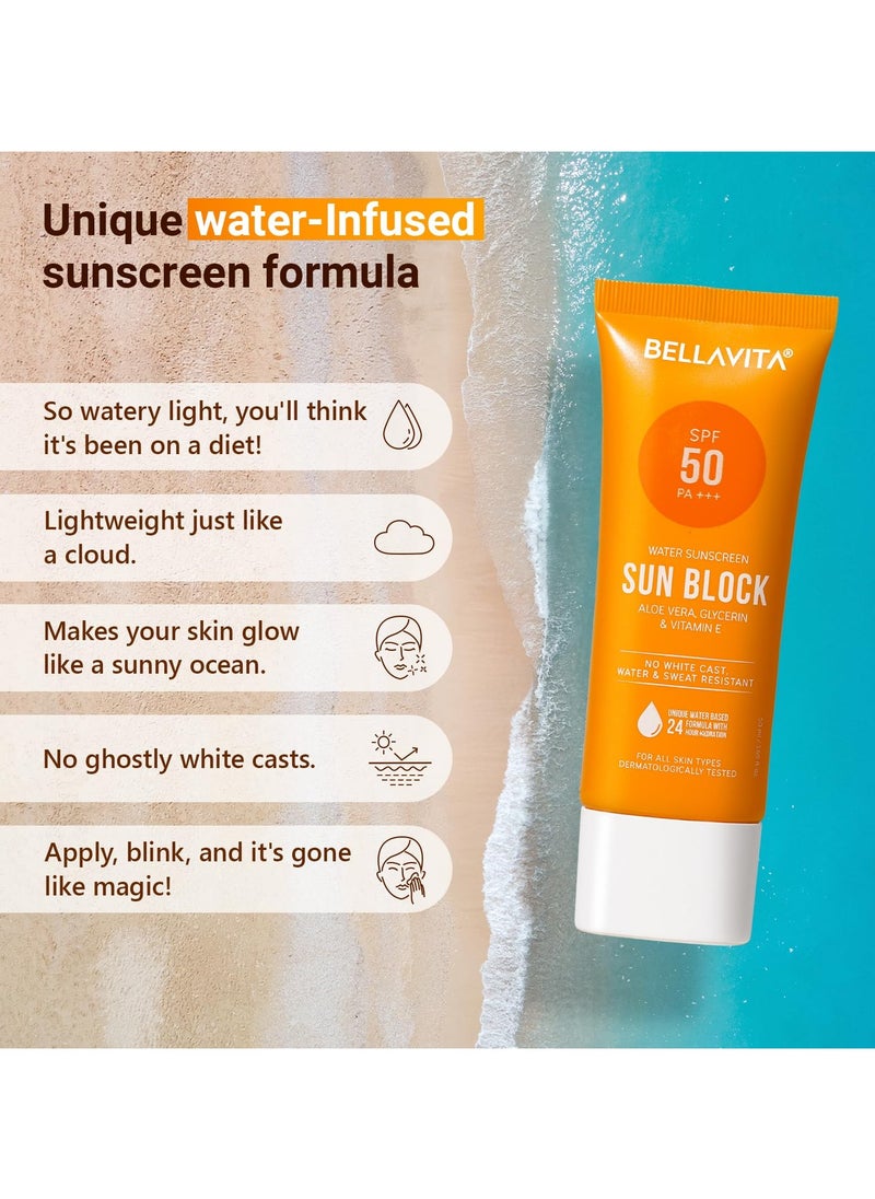 BELLAVITA Water based Hydrating Sunscreen SPF 50 Lightweight Photostable PA For All Skin Types No White Cast Non Greasy Finish UV Protection Broad Spectrum For Men and Women 50ML  - Image 2