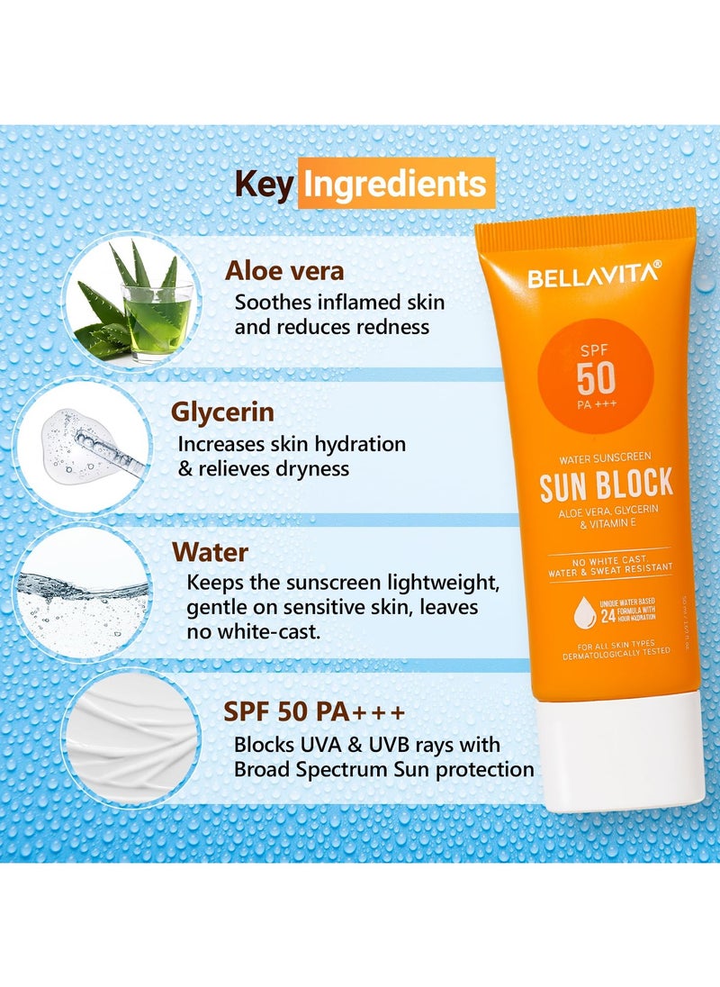 BELLAVITA Water based Hydrating Sunscreen SPF 50 Lightweight Photostable PA For All Skin Types No White Cast Non Greasy Finish UV Protection Broad Spectrum For Men and Women 50ML  - Image 3