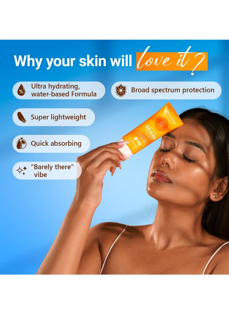 BELLAVITA Water based Hydrating Sunscreen SPF 50 Lightweight Photostable PA For All Skin Types No White Cast Non Greasy Finish UV Protection Broad Spectrum For Men and Women 50ML  - Image 4