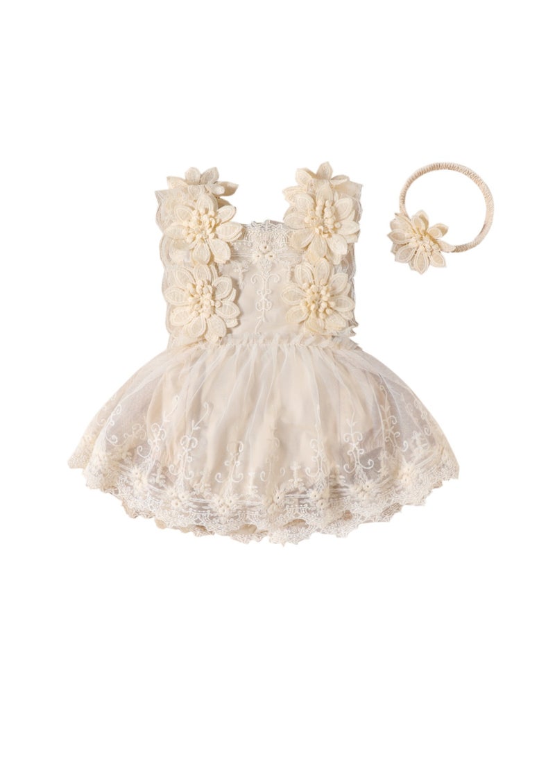Newborn Baby Girl Lace Romper Set – Floral Sleeveless Bodysuit + Headband, Baby Gift Set, Newborn Baby Clothes – White, 60cm (0-3M) - Image 1