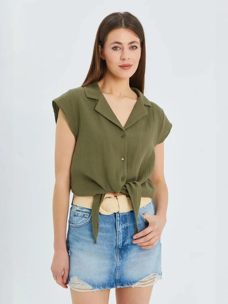 MixRay Mixray Crop Shirt with Bow Detail