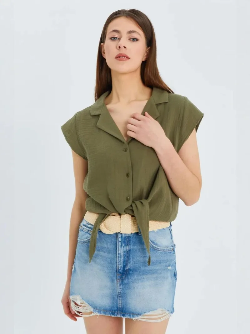 MixRay Khaki Green Mixray Crop Shirt with Bow Detail for Women | Best Price UAE