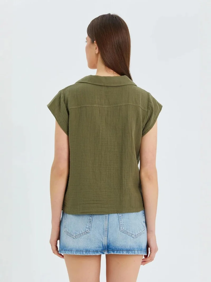 MixRay Khaki Green Mixray Crop Shirt with Bow Detail for Women | Best Price UAE