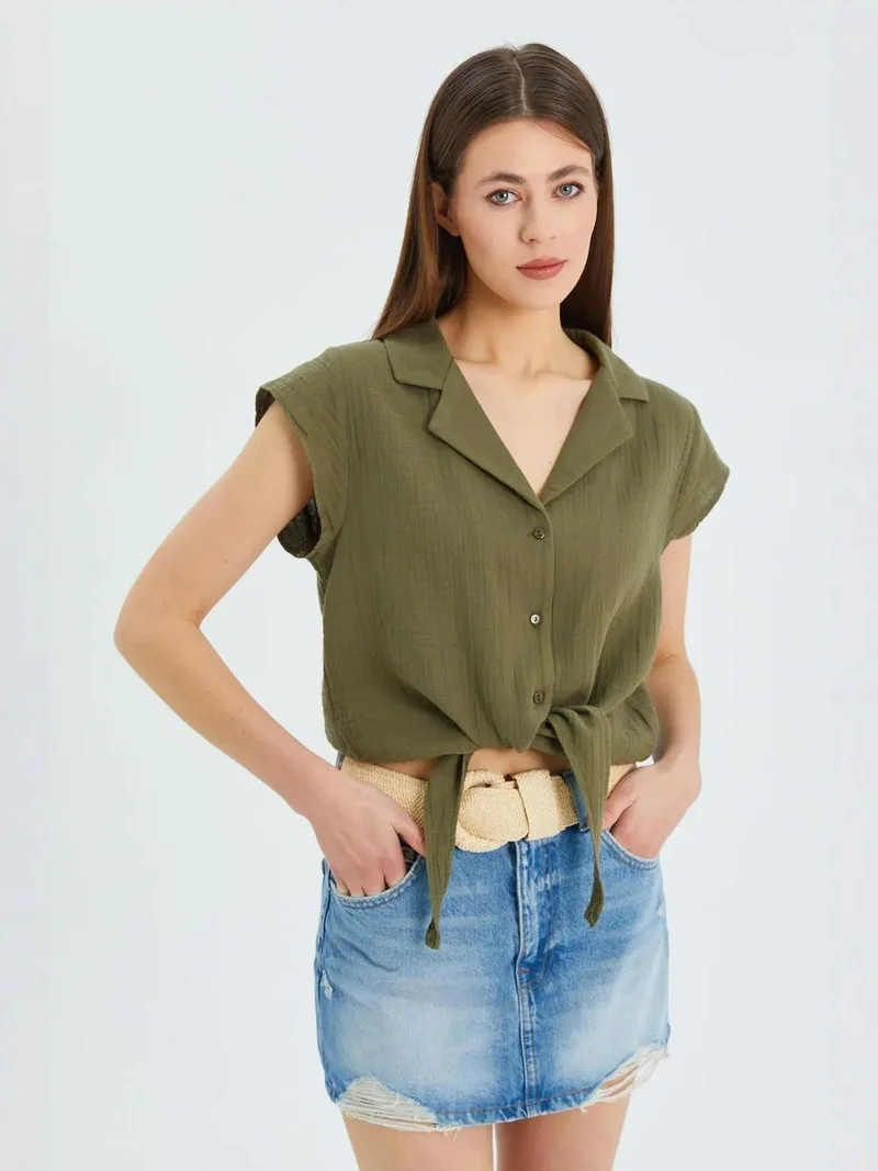 MixRay Khaki Green Mixray Crop Shirt with Bow Detail for Women | Best Price UAE