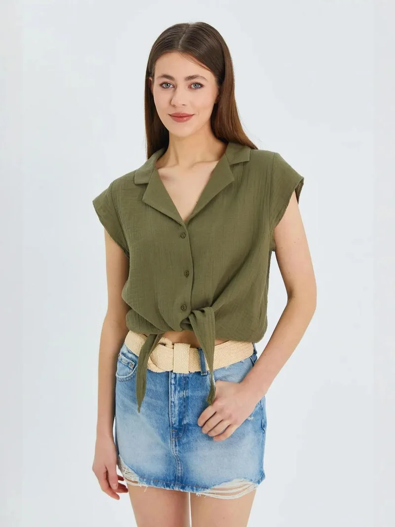 MixRay Khaki Green Mixray Crop Shirt with Bow Detail for Women | Best Price UAE