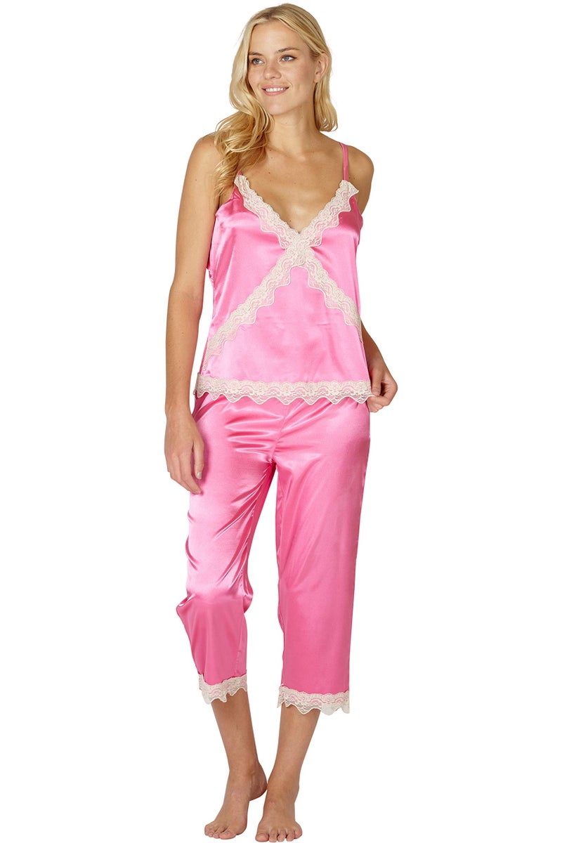 Intimo Women's Stretch Charmeuse Sleep Cami Top with Cropped Pant Set, Fuschia, Medium - Image 5