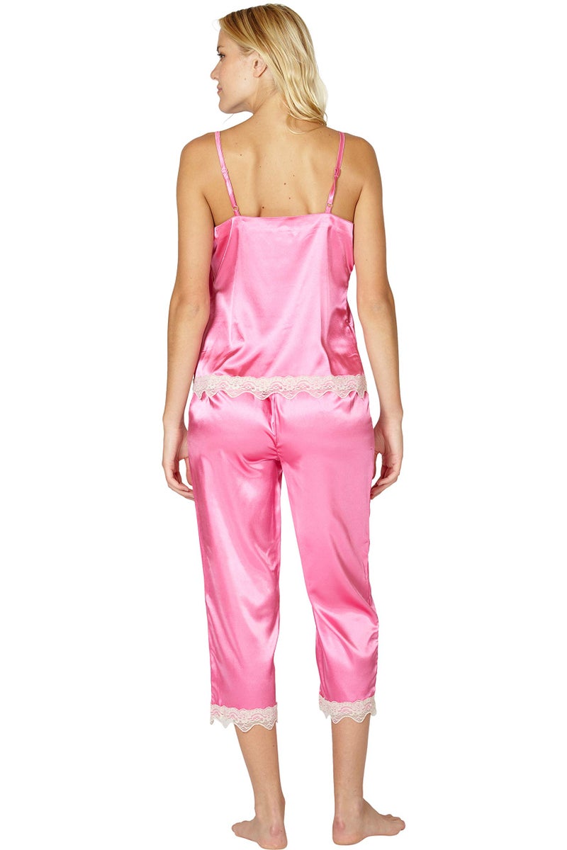 Intimo Women's Stretch Charmeuse Sleep Cami Top with Cropped Pant Set, Fuschia, Medium - Image 2