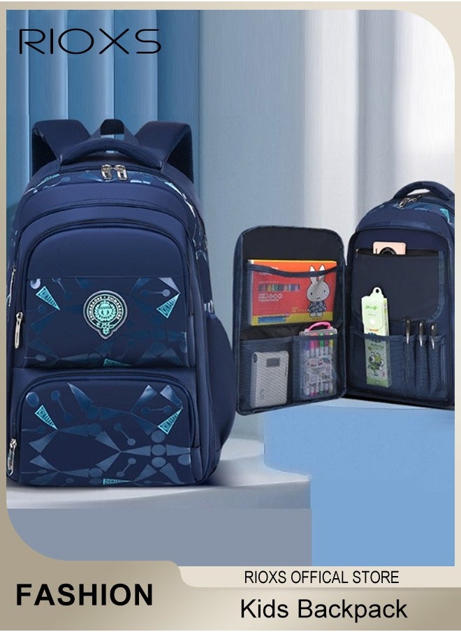 RIOXS Kids Backpack, Boys School Bag, Large Capacity School Backpack, Navy Blue Geometric Pattern Book Bags for Elementary School, Lightweight Big Travel Daypack, Toddler Preschool Backpack  - Image 1